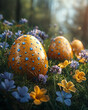 © Alice_Fame - Beautiful golden Easter eggs with blue floral ornaments in green grass and wild flowers on spring field at sunset with copy-space.