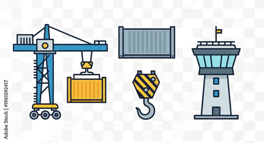 Container Crane, Shipping Container, and Control Tower Icons ...
