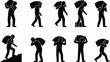 © Insa Batool - Silhuetas de pessoas carregando sacos pesados em diferentes posições, representando trabalho manual e esforço físico.