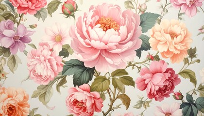  A floral pattern featuring various pink flowers and green leaves