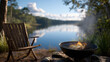 © Gun - A serene lakeside scene with a chair, fire, and water view, evoking tranquility and leisure. The scene features a cozy fire pit and a wooden chair positioned near calm lake water