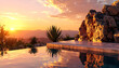 © Merue - Sunset Serenity: A tranquil moment captured at dusk, showcasing an infinity pool merging seamlessly with the breathtaking horizon, reflecting the warm hues of the sunset above. Generative AI.