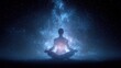 © victor - Meditating man silhouette in lotus pose over starry galaxy universe, cosmic mindfulness, spiritual connection and universal consciousness concept.