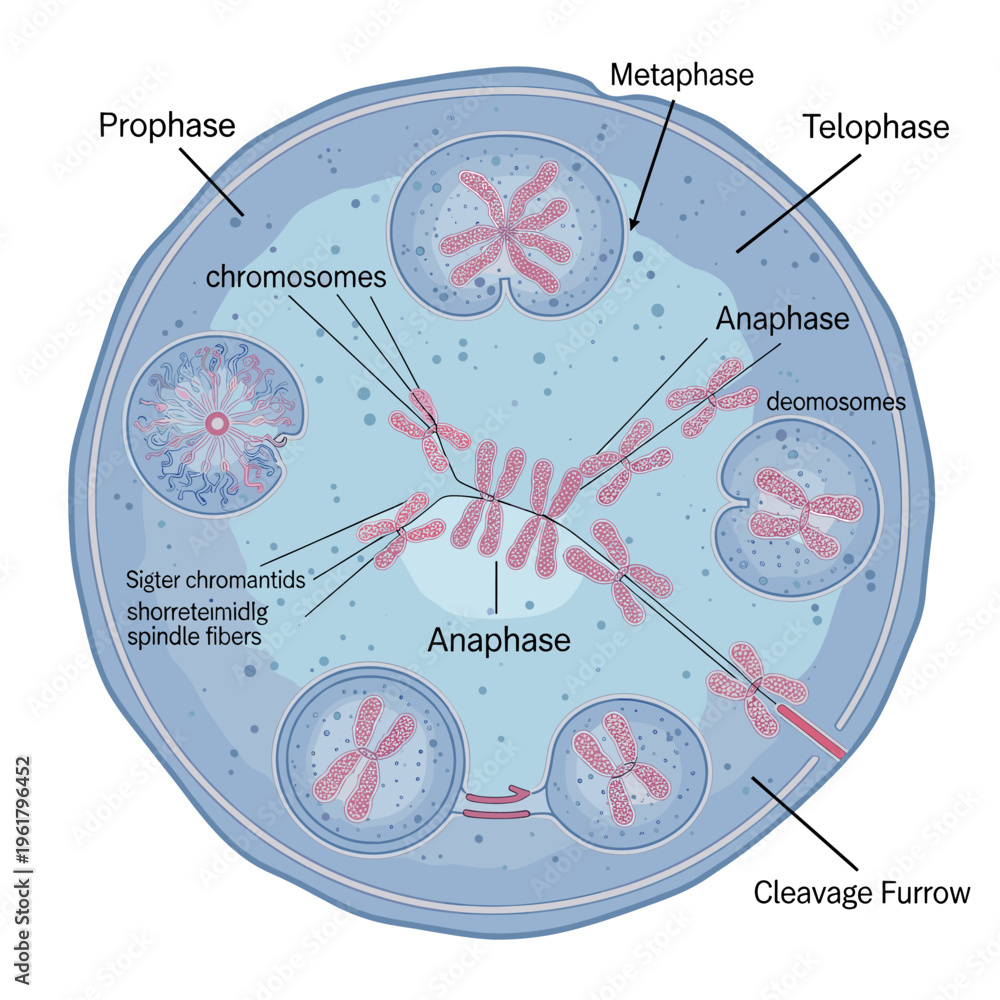 Detailed diagram illustrating the various stages of mitosis in a ...