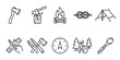 © no one - A collection of simple black line art icons representing camping and outdoor activities, including axes, fire, tent, compass, hiking, and cooking utensils.