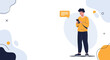 © Gatama - Young man in yellow shirt using smartphone with chat bubble, abstract background