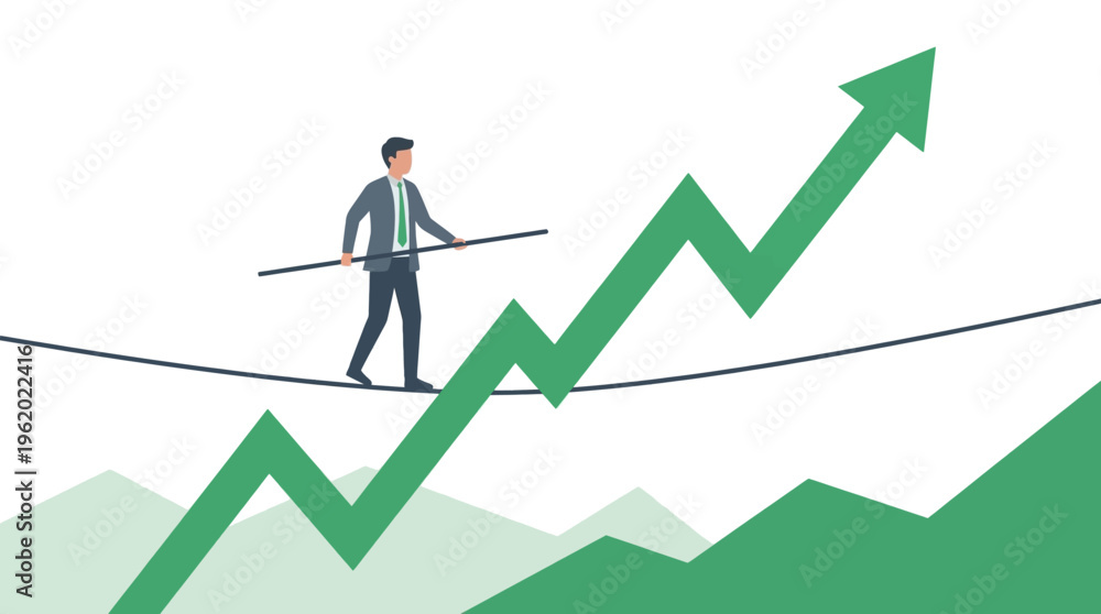 Businessman balancing on a tightrope over rising financial graph arrow ...