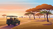 © Karina - Vector illustration of a safari tour in Africa. A jeep with tourists observes wildlife like elephants and giraffes in the savanna during a warm, beautiful sunset. Adventure travel concept.