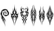 © John - Collection of stylized black tribal tattoo designs and abstract ornamental patterns displayed in a horizontal line each with unique flowing lines 188 characters artistic body art