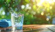 © iQbal Esmoyr - Refreshing glass of pure water splashing on a wooden table in a sunny green garden.
