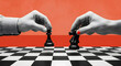 © MobiWall - Business Strategy Concept Featuring Two Hands Moving Black Chess Pieces on a Checkered Board with Vibrant Red Background for Professional Marketing, Leadership, Competition, and Strategic Decision