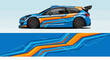 © AhzaArdiansyah - Blue and orange race car with dynamic graphics and sleek design on blue background.