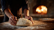 © forenna - Hands stretching heritage grain pizza dough on wooden peel beside wood fired oven with flour clouds in warm bakery, ideal for artisan baking and modern culinary craft theme cinematic color correctio