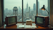© Maryna - Vintage desk with two old TVs and stack of papers faces window overlooking city skyline on rainy day. Desk lamp illuminates workspace, retro tech contrasts modern urban view.