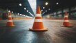 © Mohd - Orange traffic cone standing on wet industrial surface