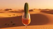 © kepin - A lone succulent cactus in a wine glass filled with orange liquid, standing in a desert landscape at sunset