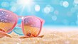 © StasySin - Pink sunglasses rest on golden sand. Sunlight glints through the lenses. Blue sky with soft sun rays behind. Beach vacation energy shines. Perfect for summer promotions