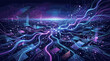 ©  CozyVisionary - Abstract futuristic background of a digital network with flowing data streams. Neon glowing lines and nodes represent connectivity, big data, and artificial intelligence.
