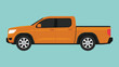 © ST.art - Orange pickup truck in side view, showing a double cab utility vehicle for transportation, logistics, and everyday driving concept, car for road safety theme, flat vector illustration
