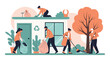 © Arend - Group of diverse volunteers cleaning up a garden area and picking up litter near a green recycling symbol.