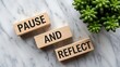 © Eduardo - Wooden blocks with the words pause and reflect on a marble background with a succulent plant