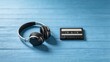 © 璘 吴 - Headphones and cassette tape on blue surface