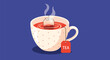 © Nomsa - Steaming cup of tea with a teabag inside, featuring a red tag and a polka dot mug on a deep blue background for a cozy morning or evening break.