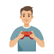 © paul - Young man gamer enthusiastically holding a game controller, ready to play. A cheerful expression and focused intent reveals a passion for gaming