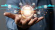 © Jasmine - Data integration and ETL process. Data pipeline and data warehouse. Engineer holding database icons.