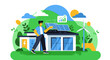 © RasyidALFatih515 - Illustration of a man installing solar panels on a house with a wind turbine and green landscape in the background, conveying an eco-friendly and sustainable living concept.