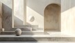 © -DEAR- - A minimalist architectural composition with geometric shapes and soft sunlight. The scene is bathed in a warm, inviting glow, creating an atmosphere of calm and serenity
