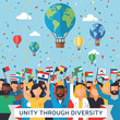 © Erdi - Illustration of people holding flags, hot air balloons, and confetti
