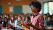 © Lubov - Young Indian boy with glasses speaks in class. Students listen attentively. He presents project or shares ideas with classmates. Education, learning, school, public speaking event.