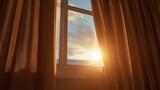Golden sunlight streams through an open window framed by warm curtains, illuminating the morning sky with soft clouds.