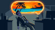 © hoksa - A stressed man in a dark 2d vector office dreams of a tropical vacation amidst hybrid work challenges.