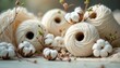 © Lubov - Creamy cotton yarn rolls and bolls arranged with small flowering branches. Natural textile materials for crafting sewing and eco friendly fabric production. Soft fibers detail.