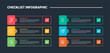 © fatmawati - Checklist infographic process diagram with long round rectangle box container with square badge on side with dark background bright outline style 6 points
