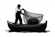 © Zalema - A vintage illustration depicts a fisherman in a boat with a full net presented as a striking silhouette high quality professional