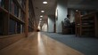 © Bussakon - Low angle view of a person studying at a desk in a quiet library hallway with long bookshelves