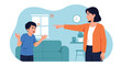 © Noah - Angry mother points her finger and scolds her upset young son during a domestic argument inside their home living room.