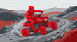 © Abhinaya Project - A vibrant red ATV with a rider in full gear navigates a challenging winding dirt trail through a rugged, grey and red mountainous landscape, showcasing off-road adventure.