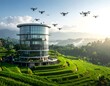 © Fina - Modern circular glass building overlooking a tiered green hillside landscape with professional drones hovering for ecological monitoring and research