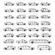 © Sapumal - Vehicle Side View Outline Icons Set, Cars Vans Trucks Bus Limousine Line Art Vector Collection