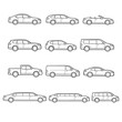 © Sapumal - Vehicle Outline Icons Set, Car Van Pickup Limousine Side View Line Art Vector Collection