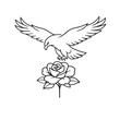© VectorNexa Studio - Eagle flying above rose flower with stem and leaves outlined on white.