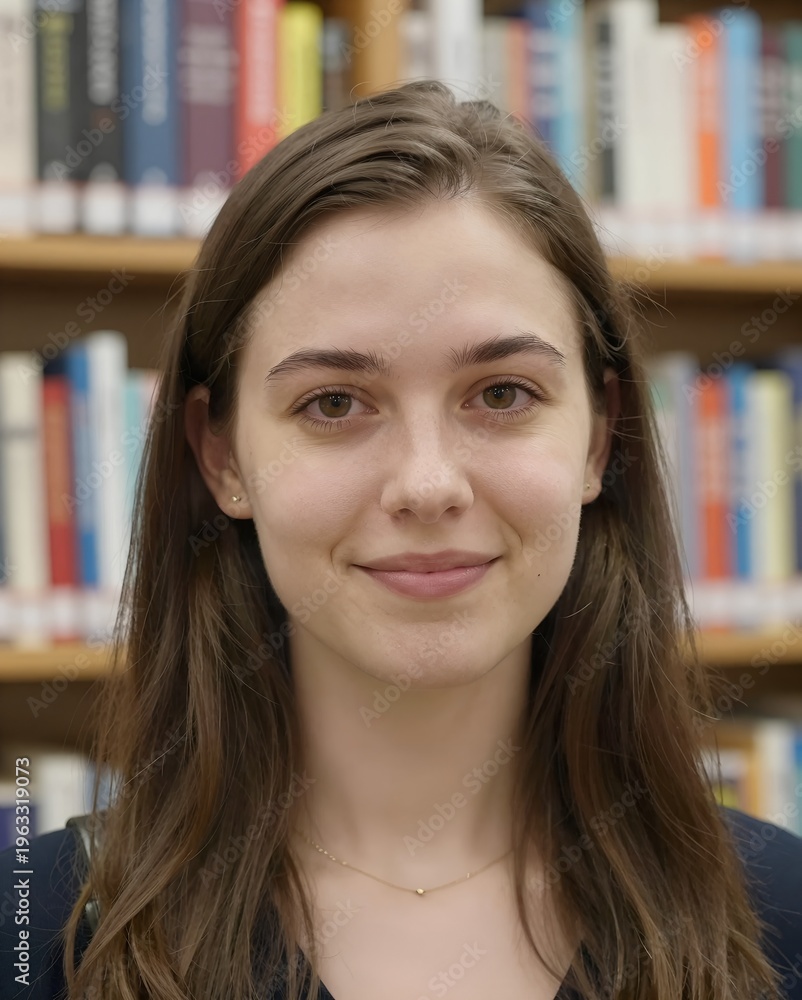 Smiling Young Female Student Portrait in Library with Blurred ...