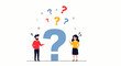 © DevanAlfaris - Flat design illustration vector of two people standing on either side of a large question mark with various question marks and symbols floating above them in a colorful and