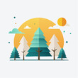 © madu - Minimalist flat design landscape with stylized evergreen trees and large sun. flower vector with graphic design