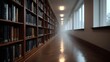 © Thares2020 - A long atmospheric library corridor shrouded in mist lined with towering bookshelves and illuminated by soft overhead lights with reflections on the