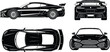 © bipul stok - Sports car vector set showing side front rear and top views isolated black illustration for automotive design transport and racing use